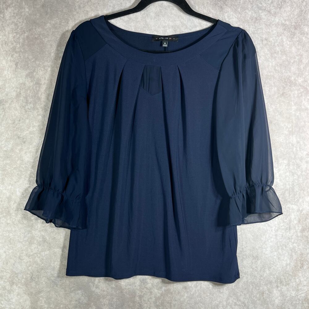 Atelier 29 Top‎ Womens Medium Navy Blue Sheer Sleeve Boat Neck Casual Career